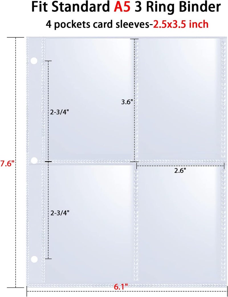 WITHYU 80 Pack 640 Pockets 2.5x3.5 Trading Card Sleeves,A5 Binder 4 Pocket Card Sleeves,Double-Sided 4 Pocket 6.1x7.6 Page Protector,Ultra-Clear Game Card Sheets for A5 Mini 3 Ring Binder - Image 5